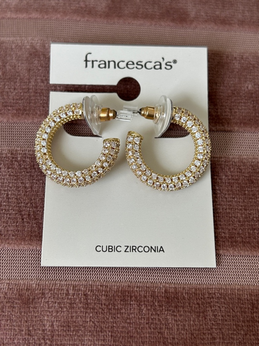 New Francesca’s Samantha Pave Thick Hoop Gold Tone Elegant Earrings - Picture 4 of 6